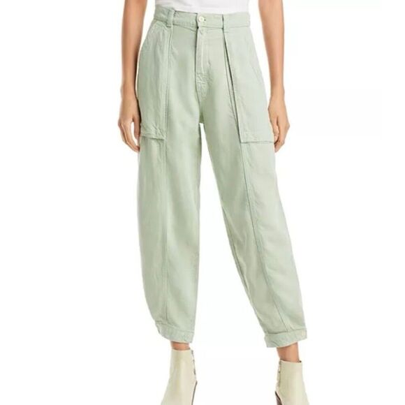 Mother Green Patch Pocket Chute Flood Linen Blend Wide Tapered Pants NWT Size 34 - Picture 1 of 8